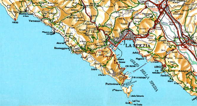 Carta con mappa territorio del golfo della Spezia (da: A.T.P.-LA SPEZIA E LA SUA PROVINCIA-La Spezia 1997)