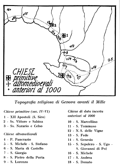 Pianta della citt di GENOVA con la posizione delle chiese pi antiche