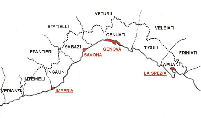 Distribuzione di alcune etnie di popoli Liguri sul territorio della regione Liguria